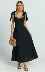 Tymia Midi Dress Shoulder Tie Bustier Shirred Back A Line in Black