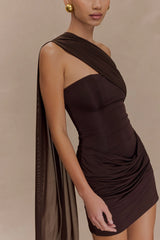 Mattea Slinky And Mesh Mini Dress With Scarf - Dark Chocolate